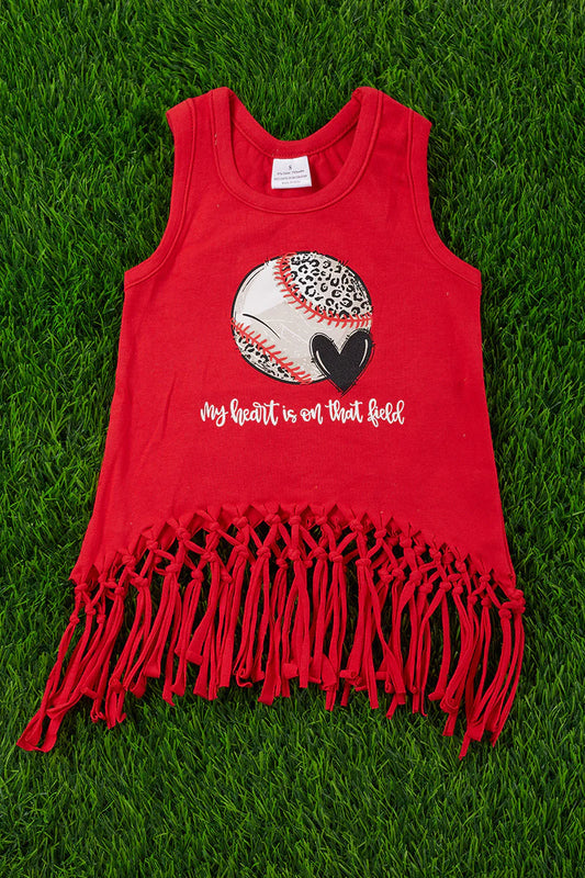 "My heart is on that field" Red Fringe Tank Top