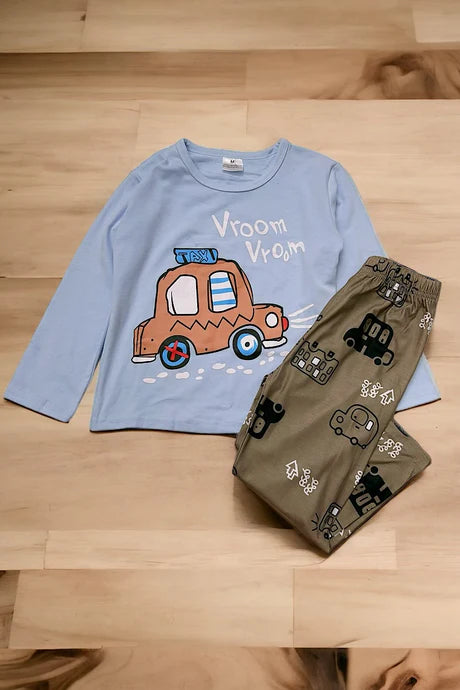 PAJAMAS CAR PRINTED LONG SLEEVE TOP WITH OLIVE GREEN PANTS