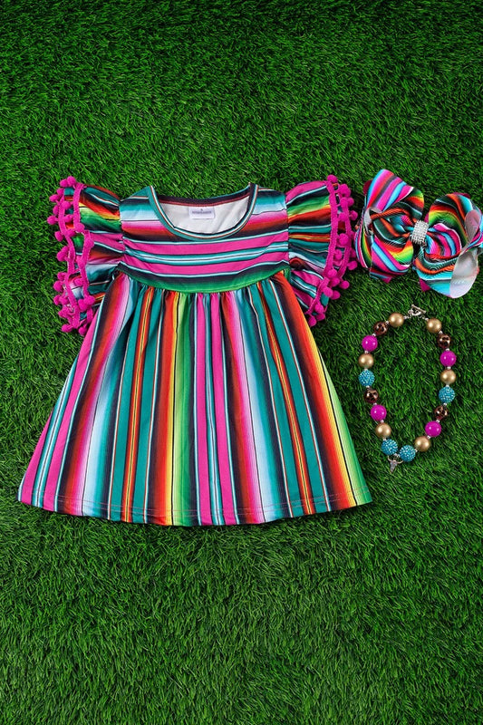GIRLS SERAPE /HOT PINK PRINTED TUNIC W/ POM POMS
