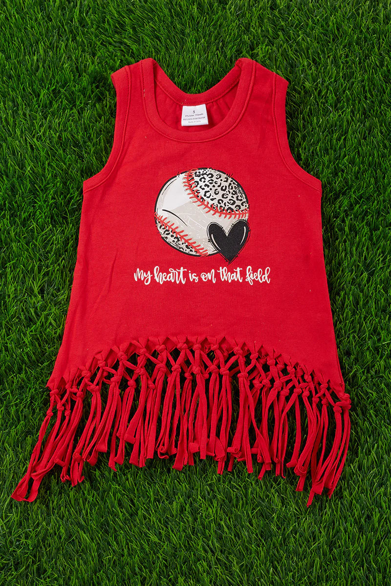 "My heart is on that field" Red Fringe Tank Top