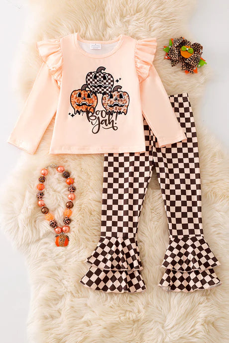 "Boo yah" Ivory long sleeve top and checkered double layer bottoms