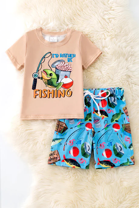 "I'd rather be fishing" Cream tee-shirt and blue fish printed shorts