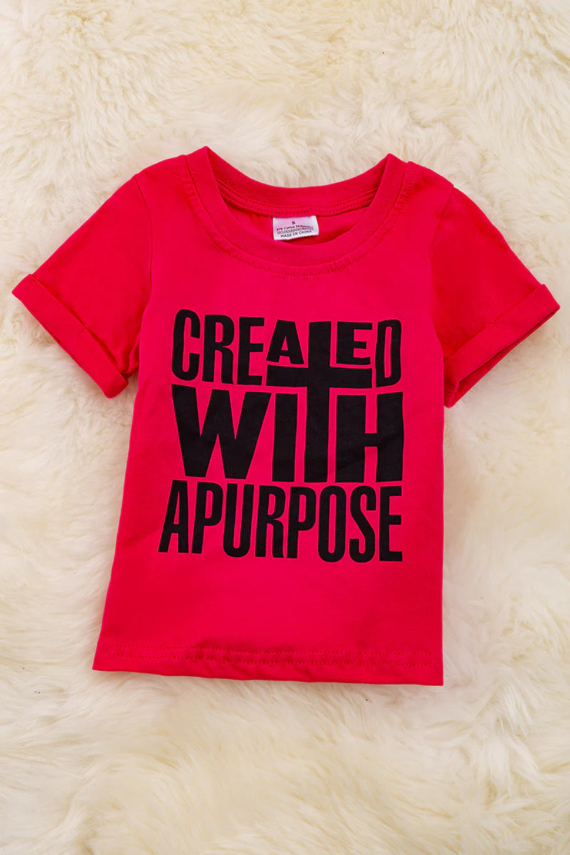 "Created with a purpose" Fuchsia printed tee shirt with folded sleeves